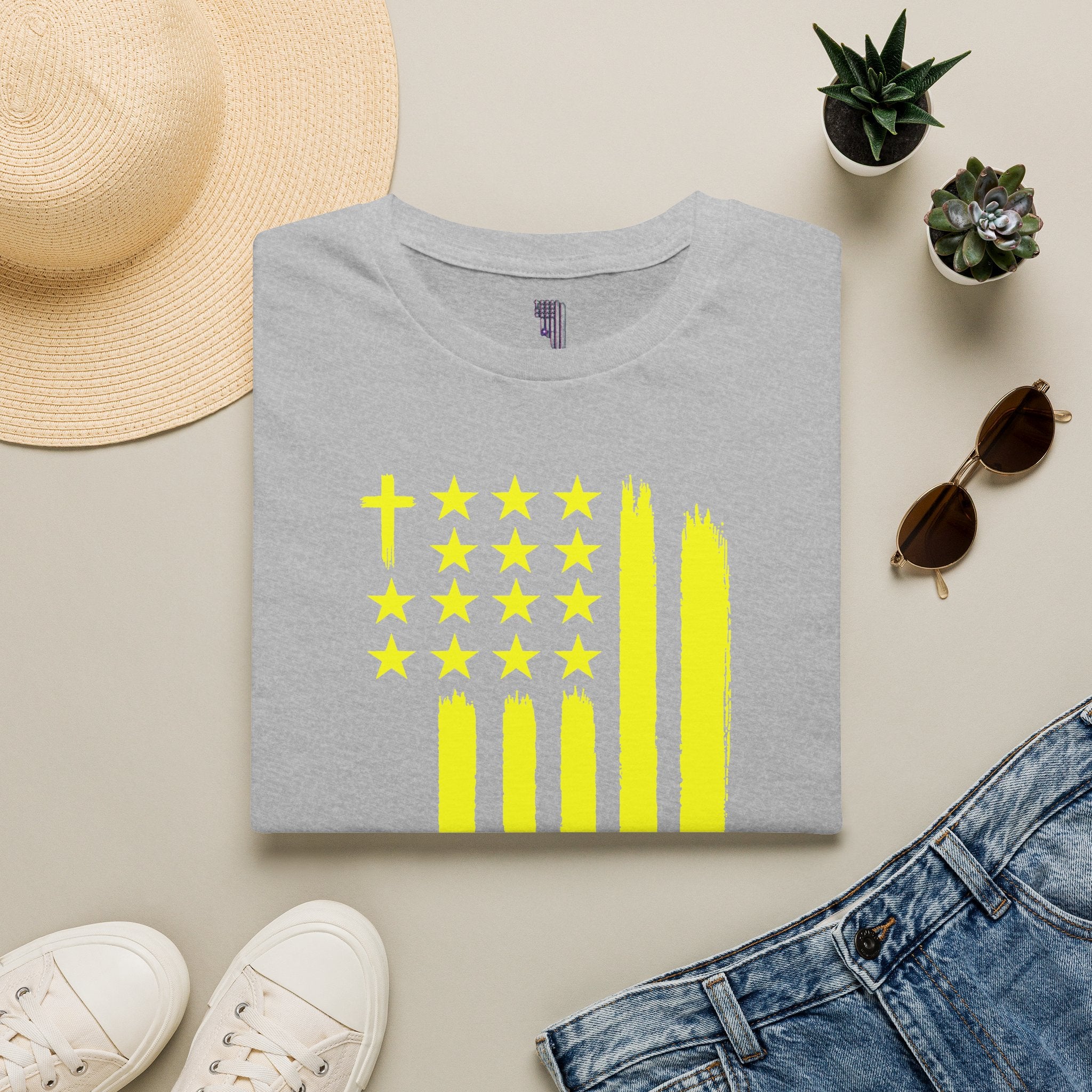 Neon Yellow Stylized American Flag T-Shirt