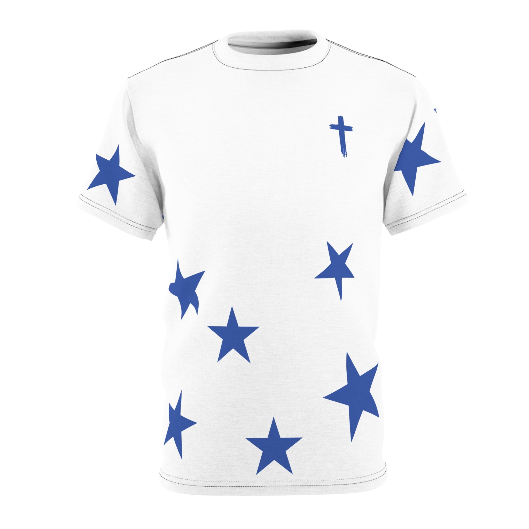 Star Scatter Tee — Blue Stars & Cross All-Over Print
