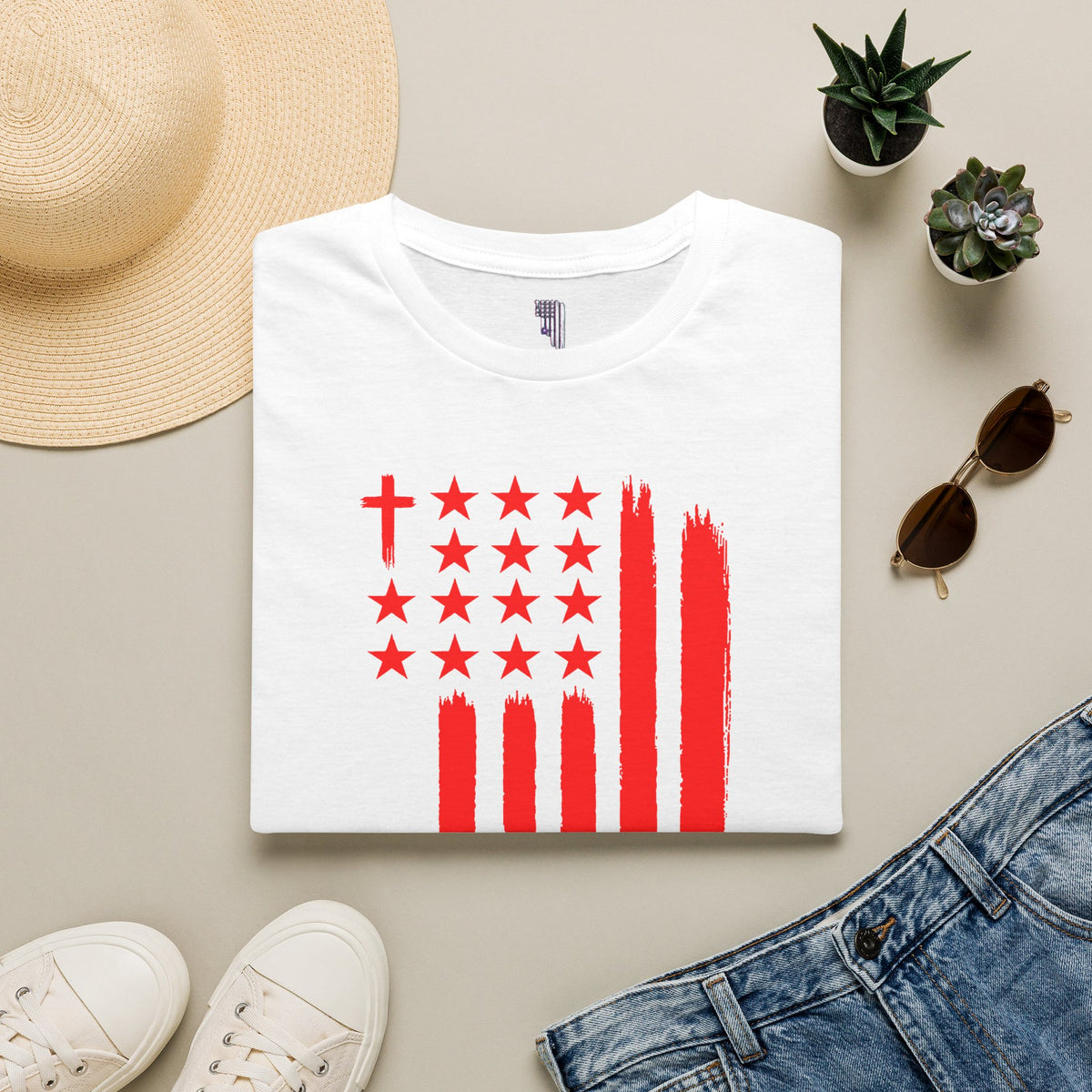 Patriotic Red Brushstroke Flag T‑Shirt