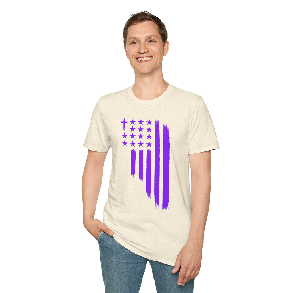 Christian Flag T-Shirt — Purple Brushstroke American Flag with Cross