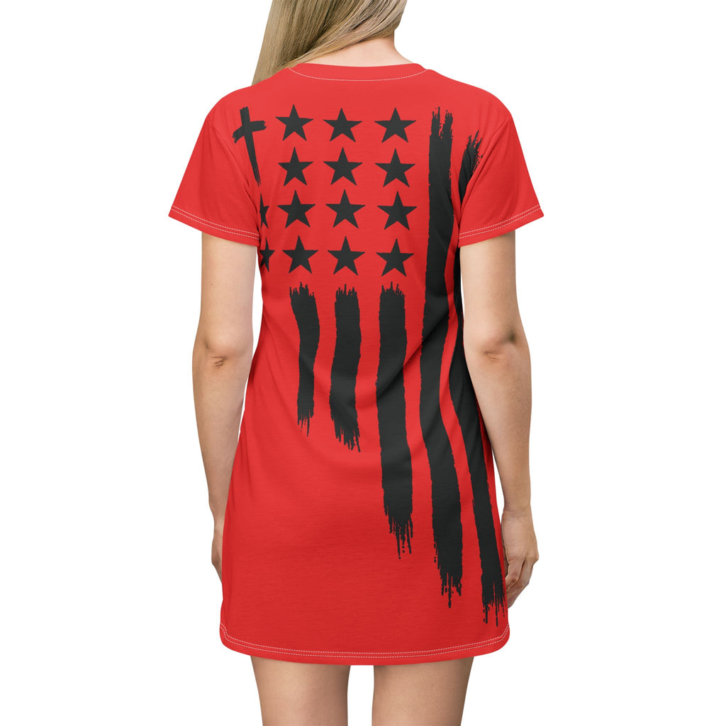 Christian Flag T-Shirt Dress — Red Brushstroke American Cross Stars Design