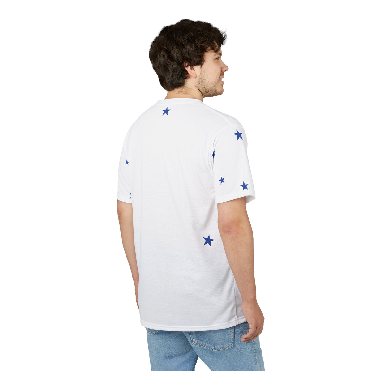 Star Scatter Tee — Blue Stars & Cross All-Over Print