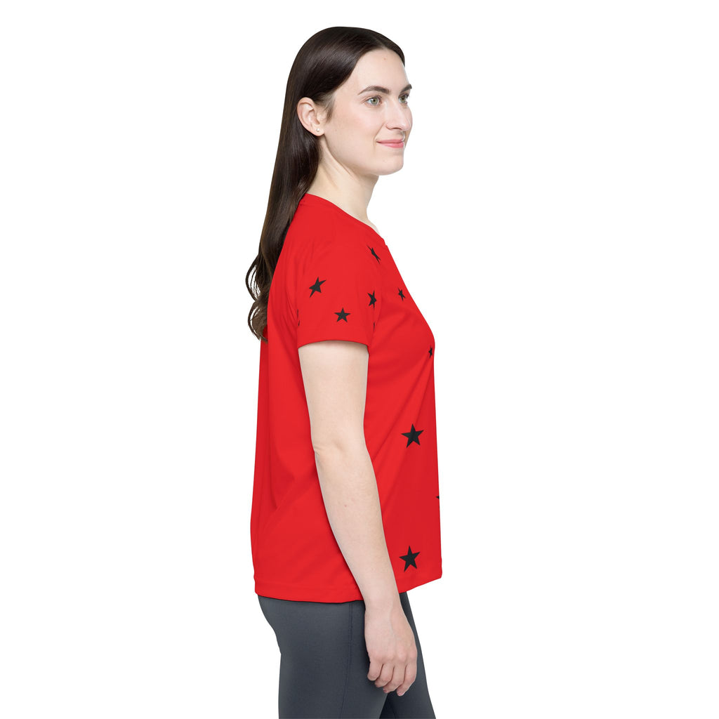 Women's Red Star Print Sports Jersey — Athletic Tee with Scattered Black Stars