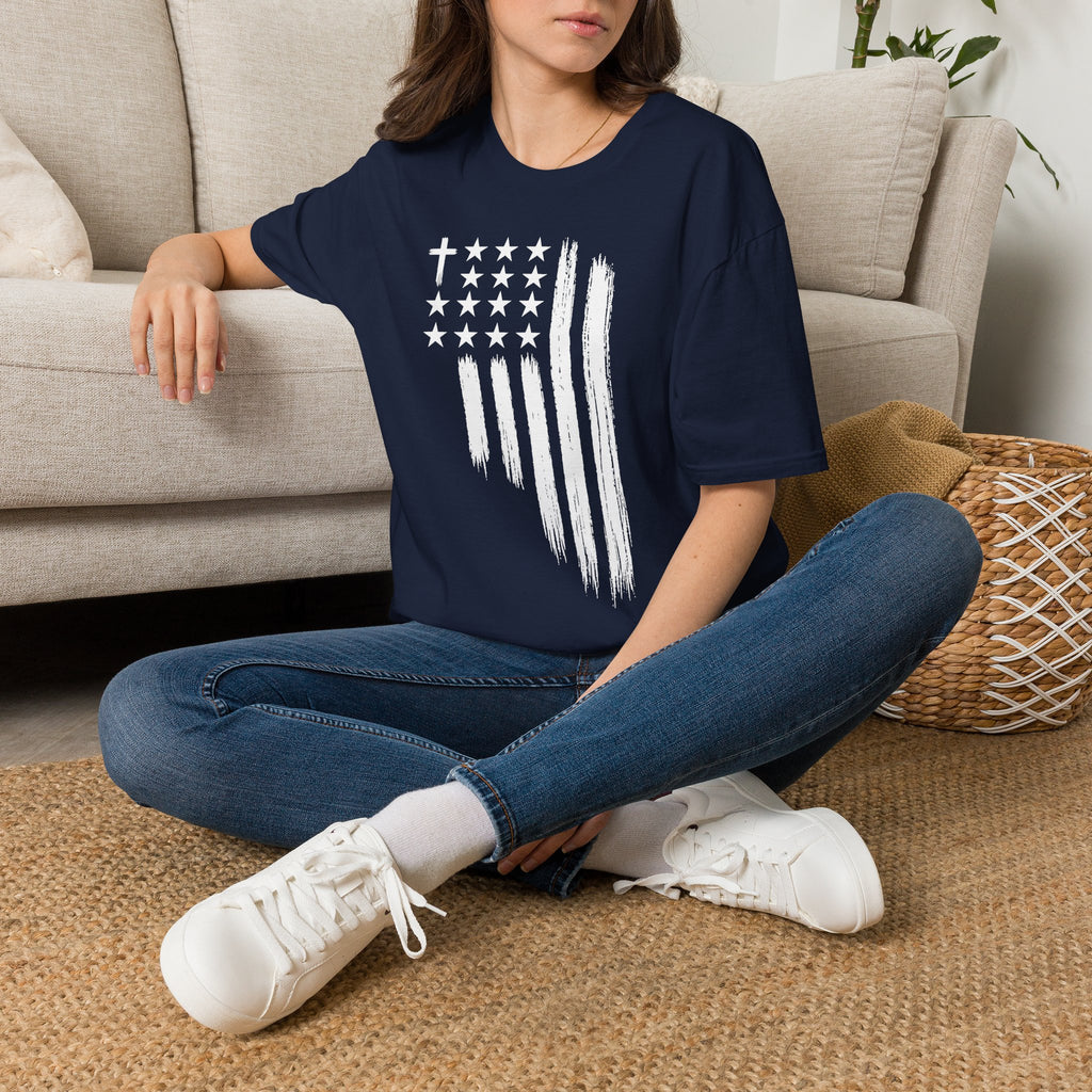 Christian American Flag T-Shirt — Distressed Cross & Stars Patriotic Tee