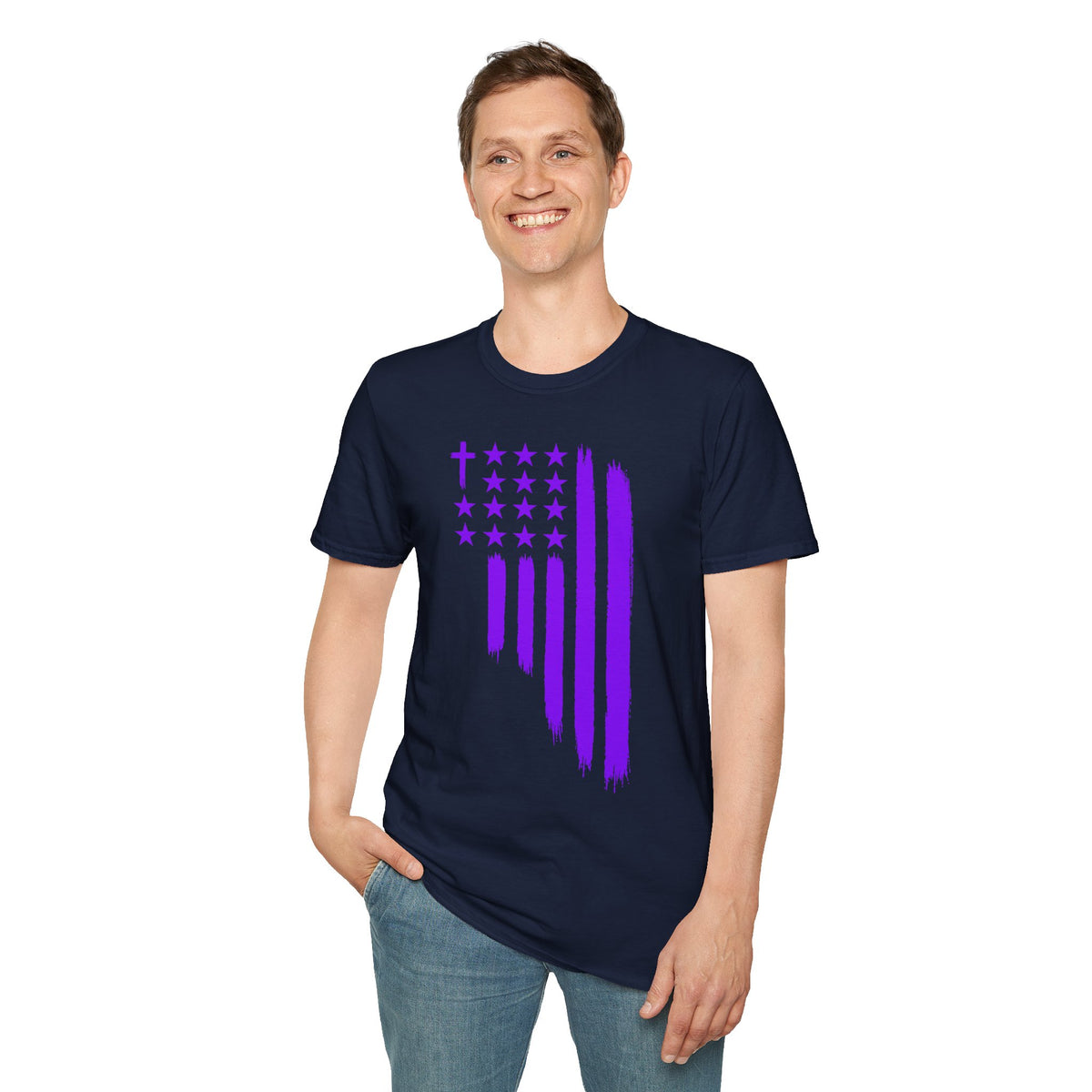 Christian Flag T-Shirt — Purple Brushstroke American Flag with Cross