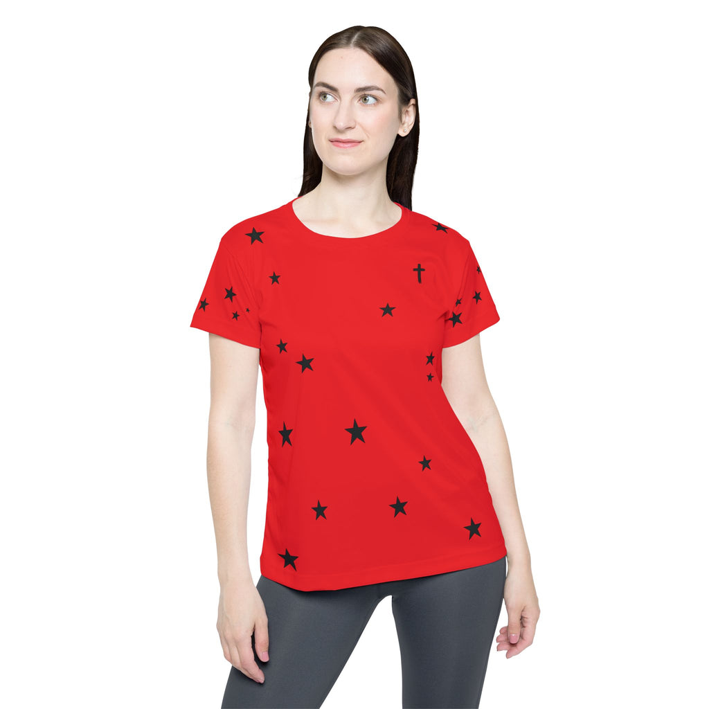 Women's Red Star Print Sports Jersey — Athletic Tee with Scattered Black Stars