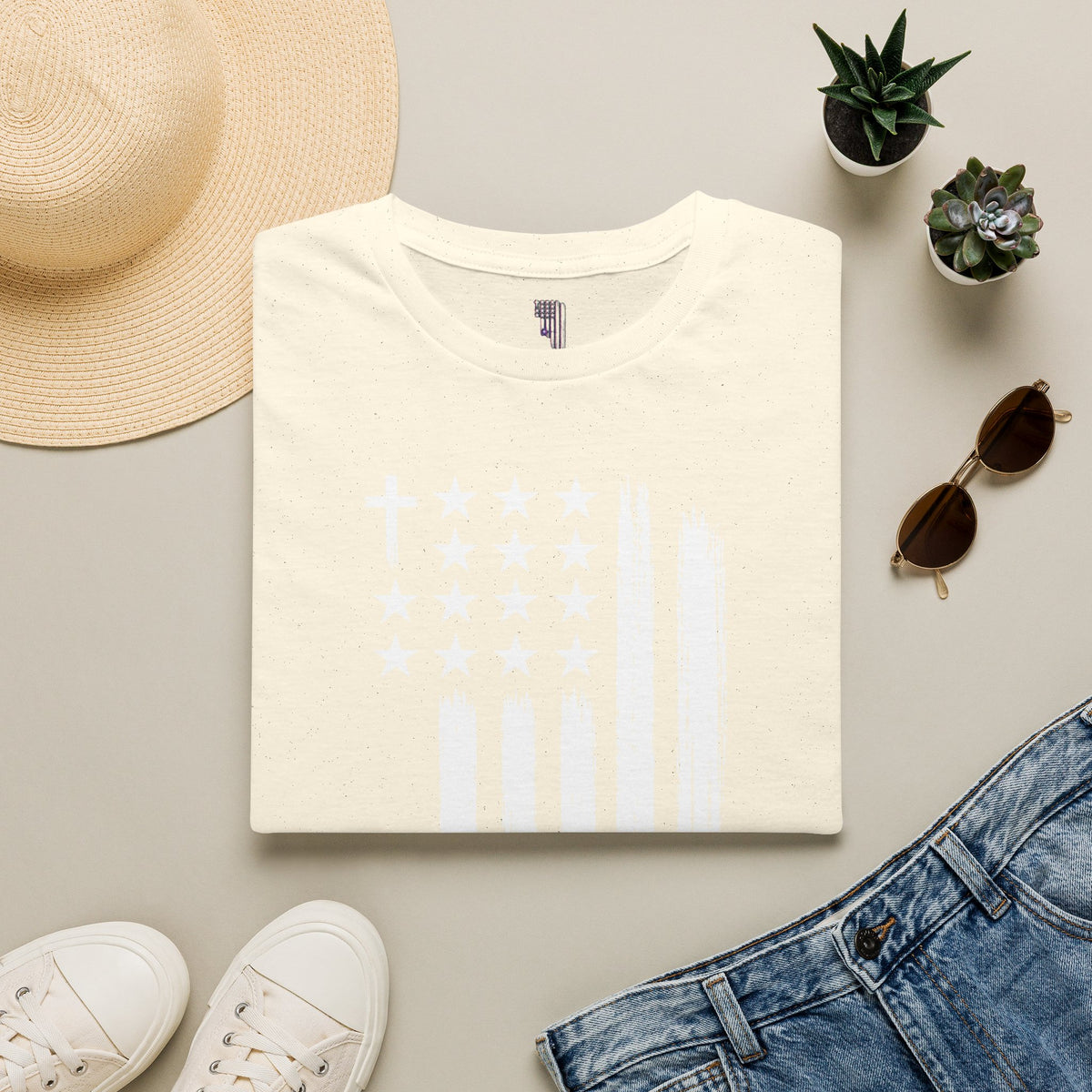 Christian American Flag T-Shirt — Distressed Cross & Stars Patriotic Tee