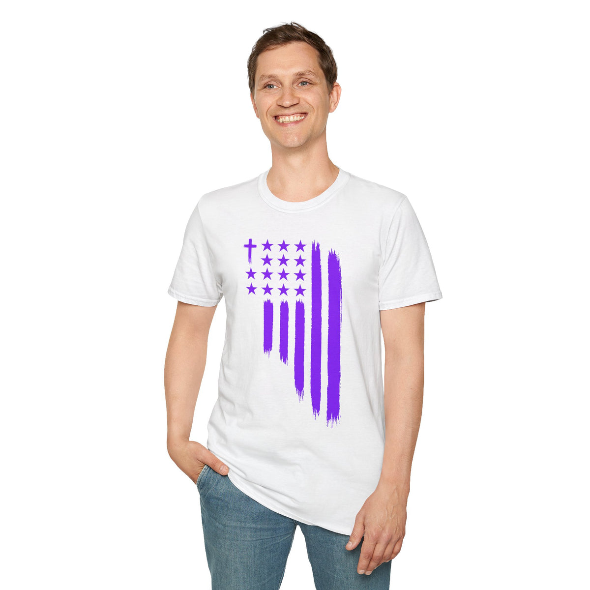 Christian Flag T-Shirt — Purple Brushstroke American Flag with Cross