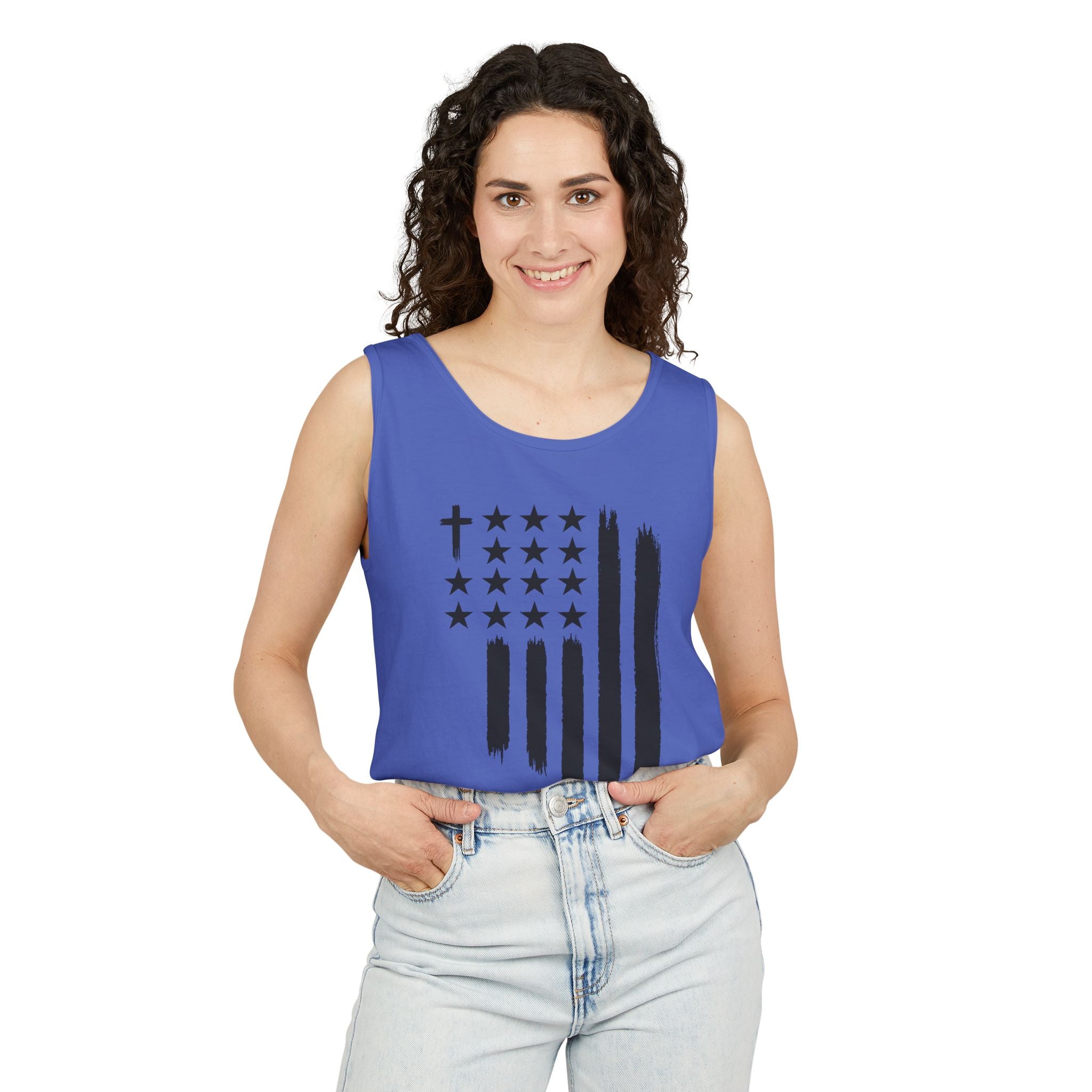 1st set of colors ALL STARS Flag Tank Top — Distressed Cross & Stars Patriotic Tank