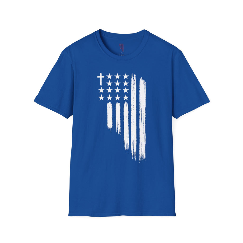 Christian American Flag T-Shirt — Distressed Cross & Stars Patriotic Tee